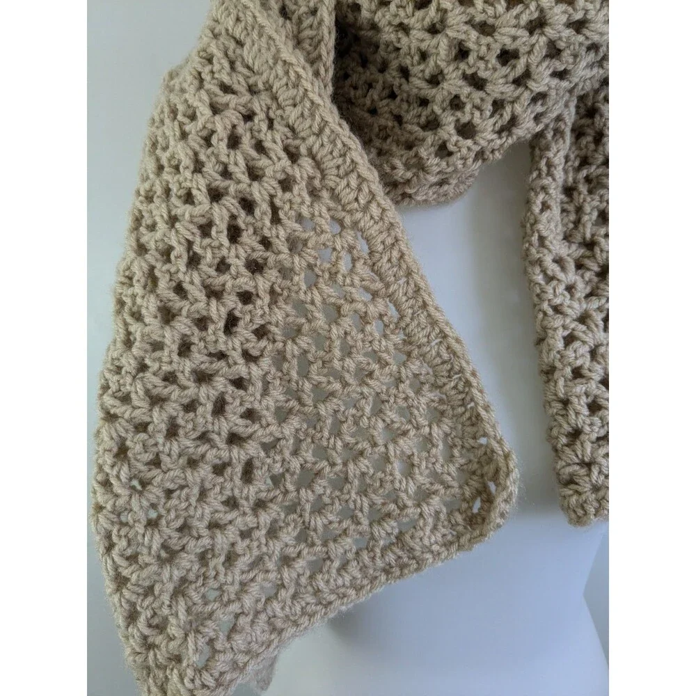 Handmade Crochet Knit Scarf Wide Beige Tan Neck Wrap Soft Boho Neutral Cottage